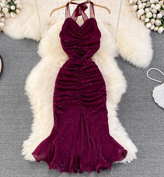 Evening dress high-end atmospheric slim long dress sequined halter neck backpack hip fishtail dress R0399