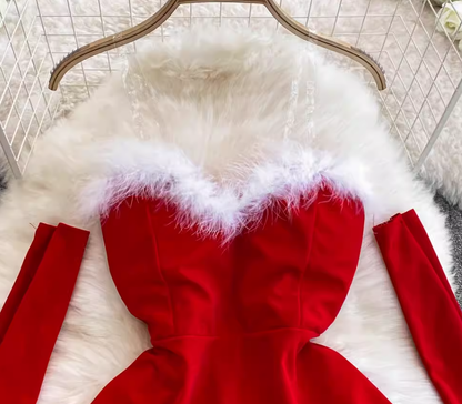 Women's Christmas dress, sexy low-cut waist-slimming, long-swing fur suspender tube top dress R0356
