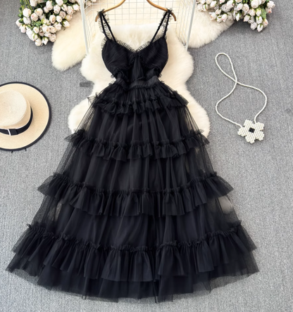 V-neck backless suspender dress waist a-line irregular mesh cake dress holiday long dress R0344