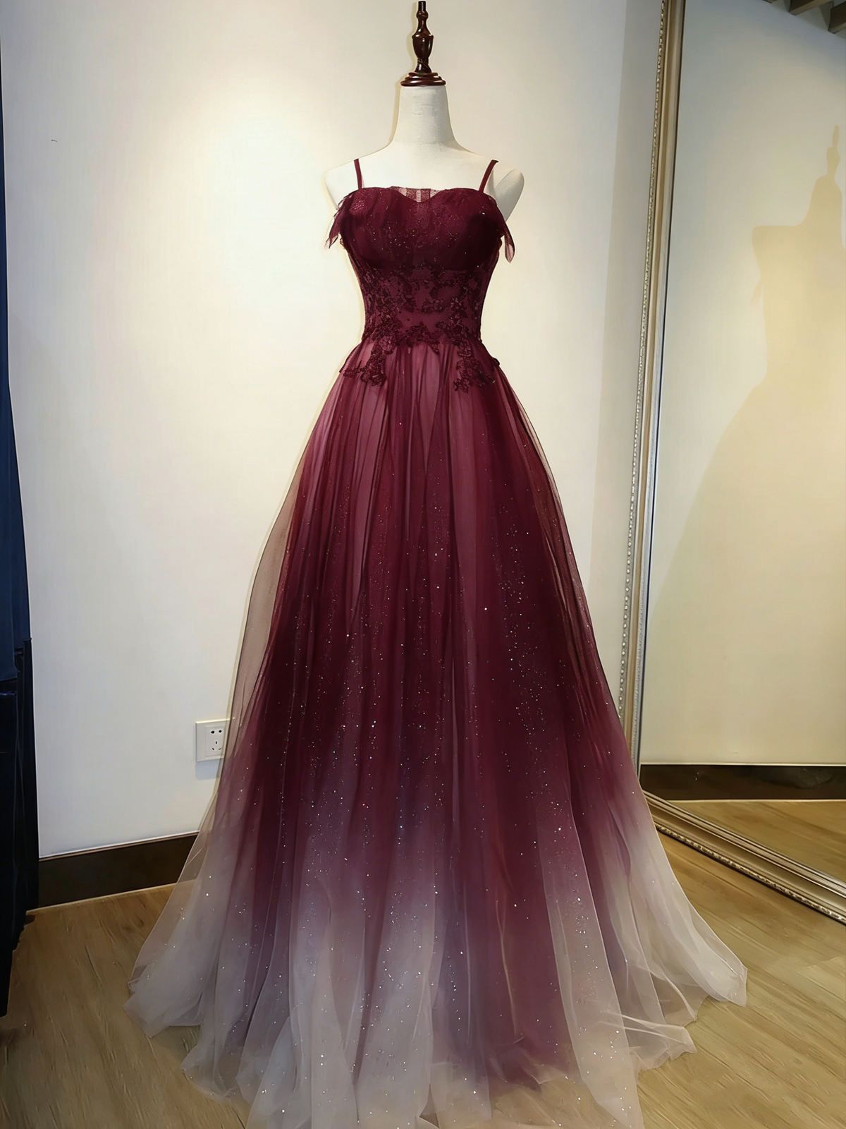 Elegant Ombre Navy Blue Tulle Appliques Straps Long Evening Dress, A-Line Tulle Prom Dresses Y1807