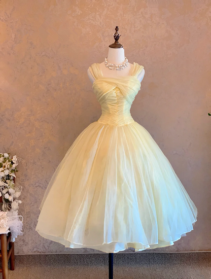 Light Yellow Prom Dress with Spaghetti Straps, Fitted Waist and Puffy Skirt; Bridal Gown R7318