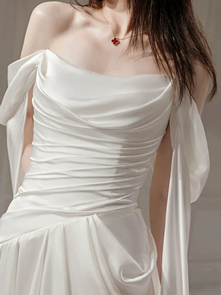 White long evening gown off shoulder birthday party dress   S6833