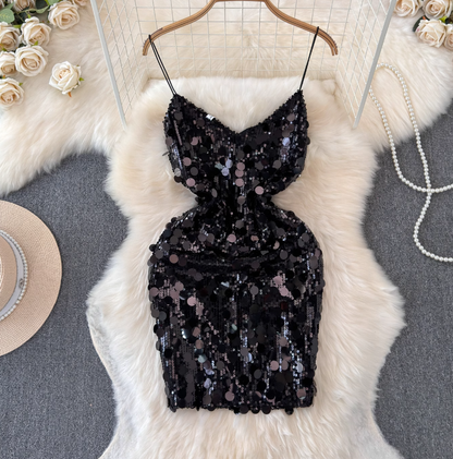 Light luxury heavy sequins celebrity niche banquet dress skirt sexy backless suspender dress R0320