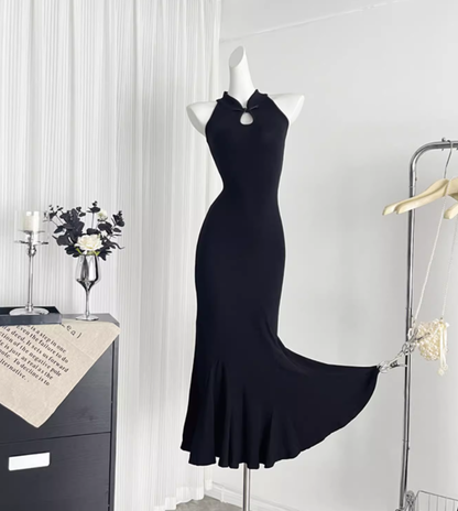 New Chinese style design slim step by step lotus black fishtail dress for women R0275