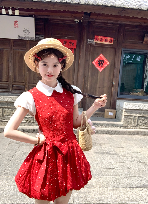 Red doll collar polka dot short-sleeved dress women's summer temperament skirt R4620