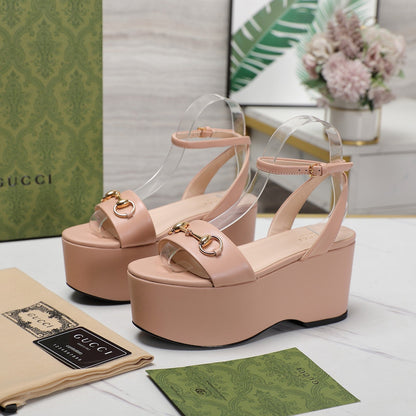 GG  Horsebit Wedges Sandals Pink