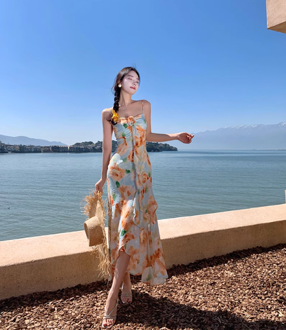 Retro floral suspender dress, beautiful temperament beach dress R0602