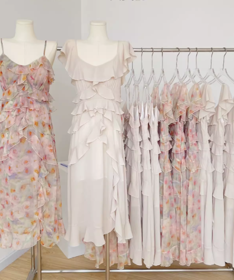 Suspender dress for women high-end summer pure French style sleeveless floral v-neck chiffon dress R0260