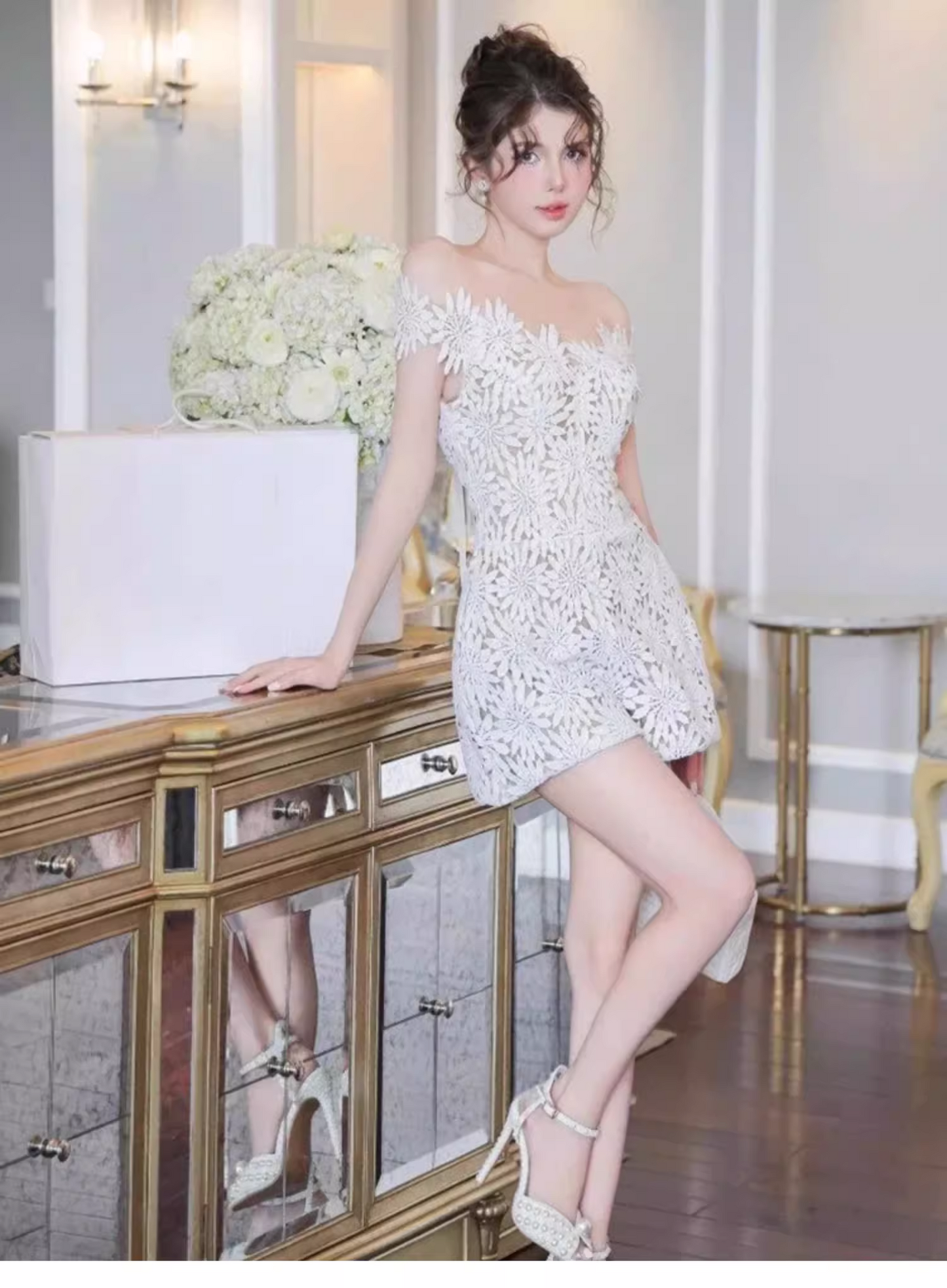 Cute White Appliqued Off-the-shoulder Design A-line Party Dress Homecoming Dress, D1379