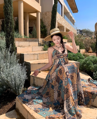 French retro v-neck floral camisole a-line skirt two-piece suit R0603