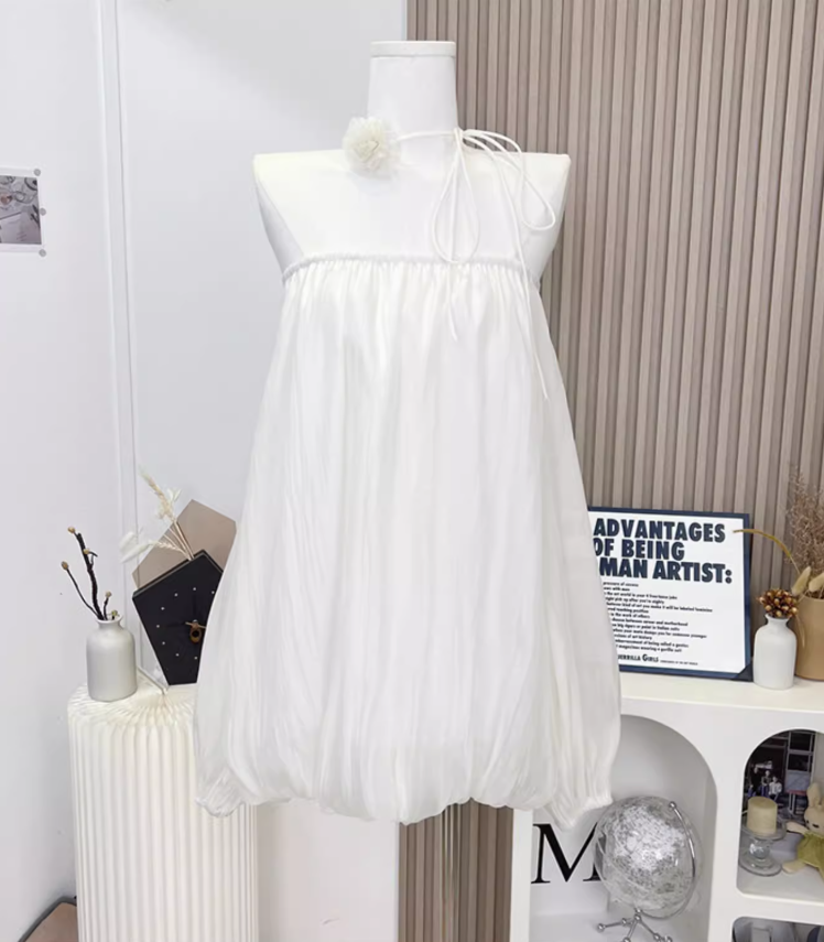 2025 Spring new shoulder pure flower bud skirt high-quality texture cover meat slimming dress R0292