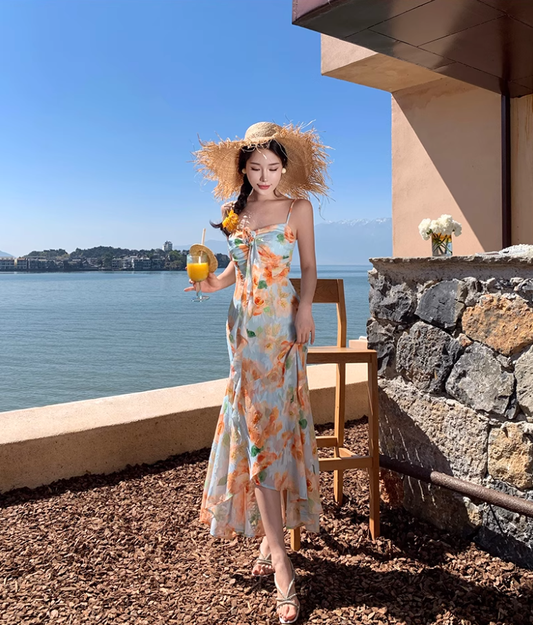 Retro floral suspender dress, beautiful temperament beach dress R0602
