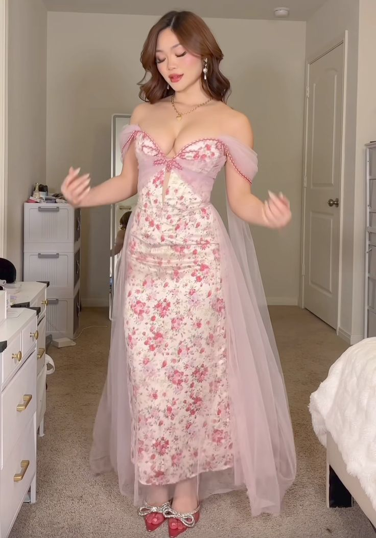 Sweet Off The Shoulder Pink Satin Print Floral Long Evening Dress Formal Birthday Party Gown