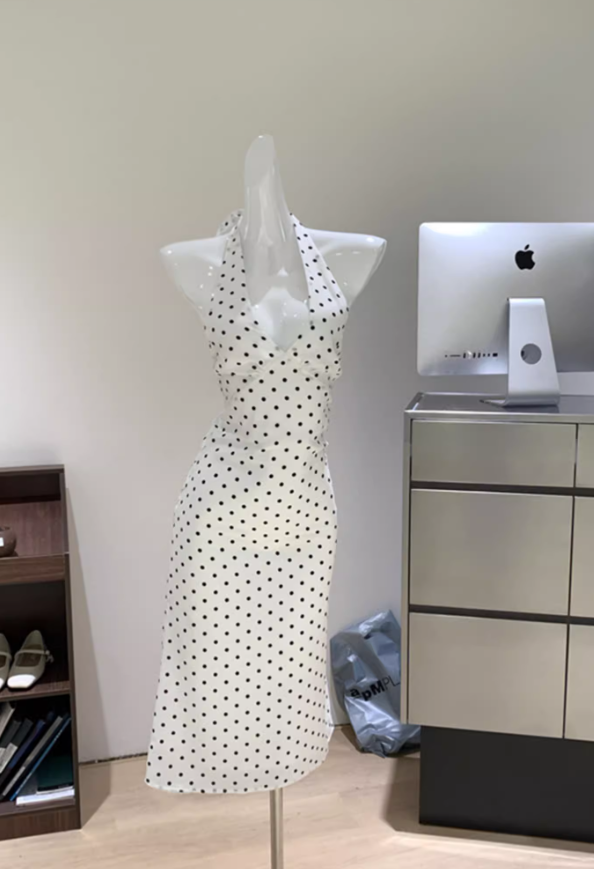 French dress halter neck polka dot white female island vacation travel seaside sexy skirt R0285