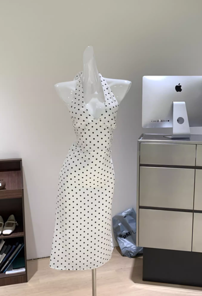 French dress halter neck polka dot white female island vacation travel seaside sexy skirt R0285