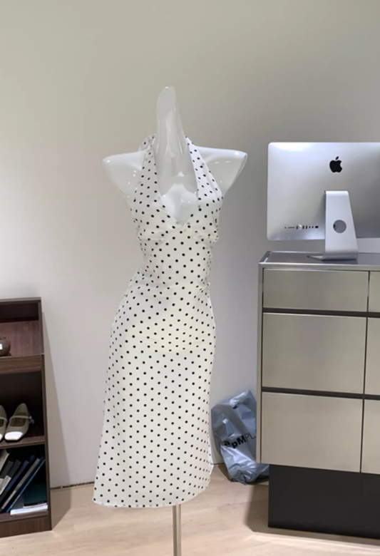 French dress halter neck polka dot white female island vacation travel seaside sexy skirt R0285