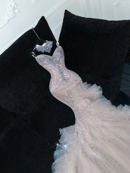 Shiny Beaded White Sweetheart Tulle Sequin Design Elegant Mermaid Floor-length Wedding Dress D1662