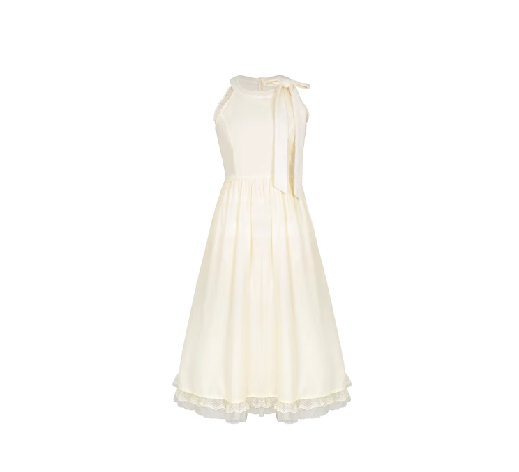 Original French ballet halter neck tie bow lace dress gentle waist long skirt R0131