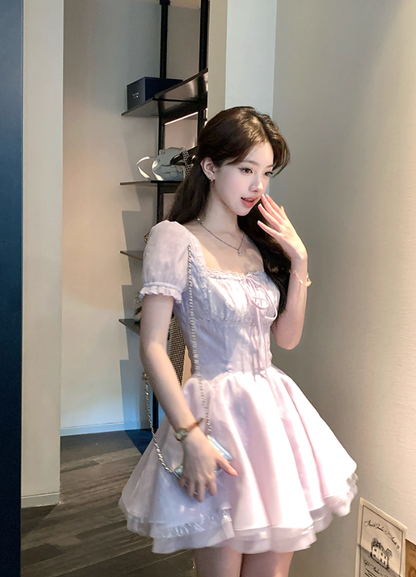 Square collar short sleeve waist A-line dress summer French retro style skirt R4585