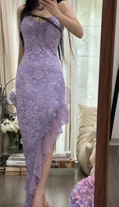 Pretty Spaghetti Straps Lavender V Neck Lace Chiffon Ruffles Long Party Dress Birthday Dress D2305