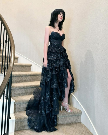 Dark Navy Sweetheart A-Line Lace Tiered Long Party Dress Senior Prom Dress, D779