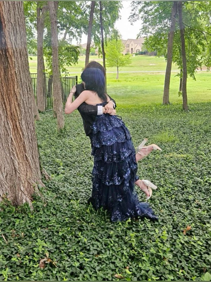 Dark Navy Sweetheart A-Line Lace Tiered Long Party Dress Senior Prom Dress, D779