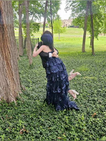 Dark Navy Sweetheart A-Line Lace Tiered Long Party Dress Senior Prom Dress, D779