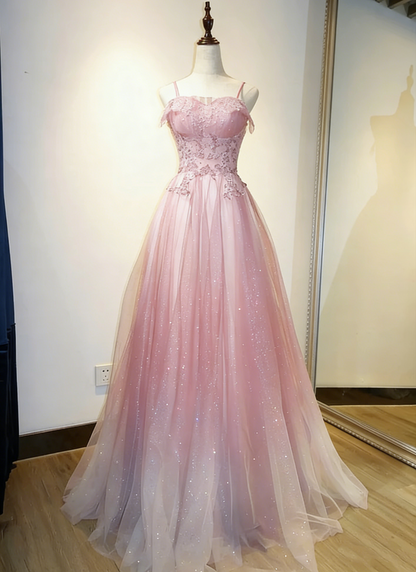 Elegant Ombre Navy Blue Tulle Appliques Straps Long Evening Dress, A-Line Tulle Prom Dresses Y1807
