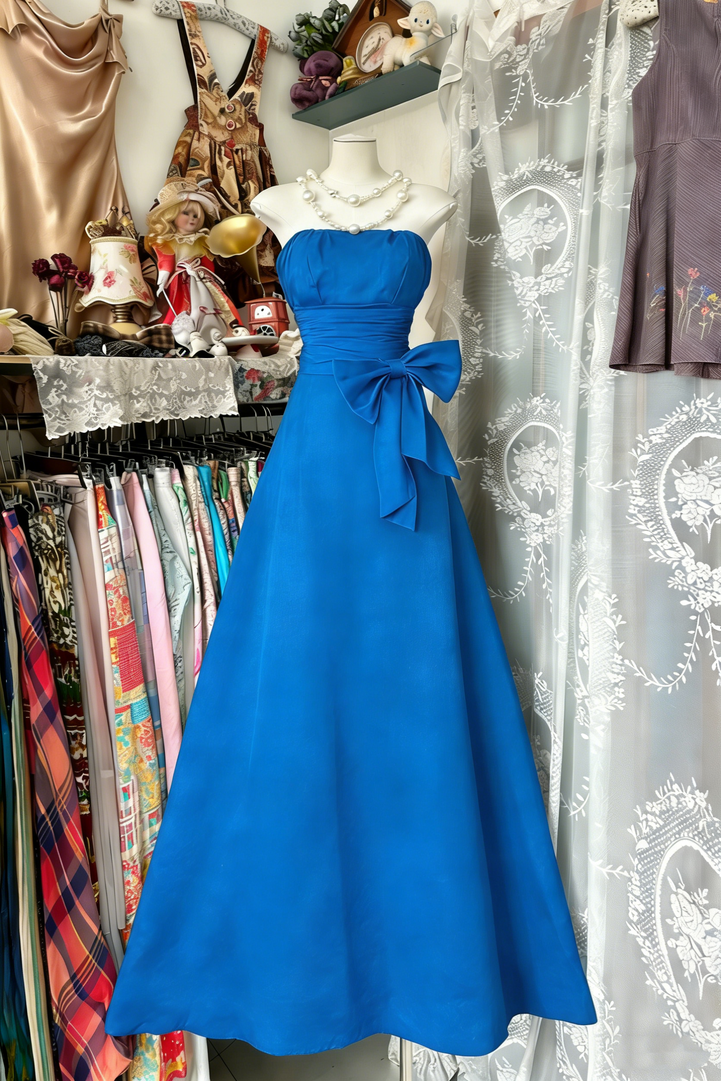 Elegant Navy Blue Strapless Satin Bow A Line Long Wedding Guest Dress Party Dress D1651
