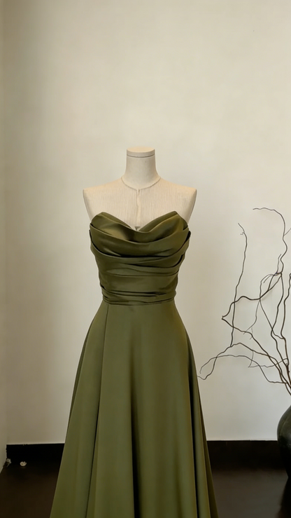 Stylish Sage Green Strapless Satin A Line Long Wedding Guest Dress Formal Party Dress SP1551