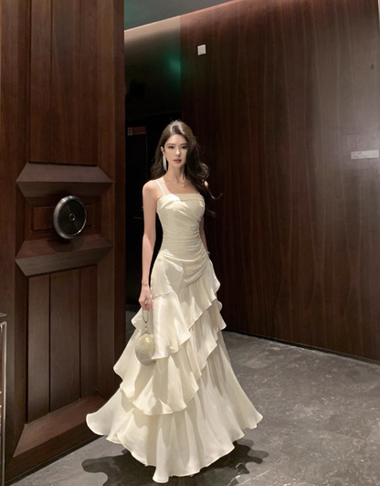French gentle style ruffled sling dress temperament lady high-end waist hip banquet dress skirt R0410