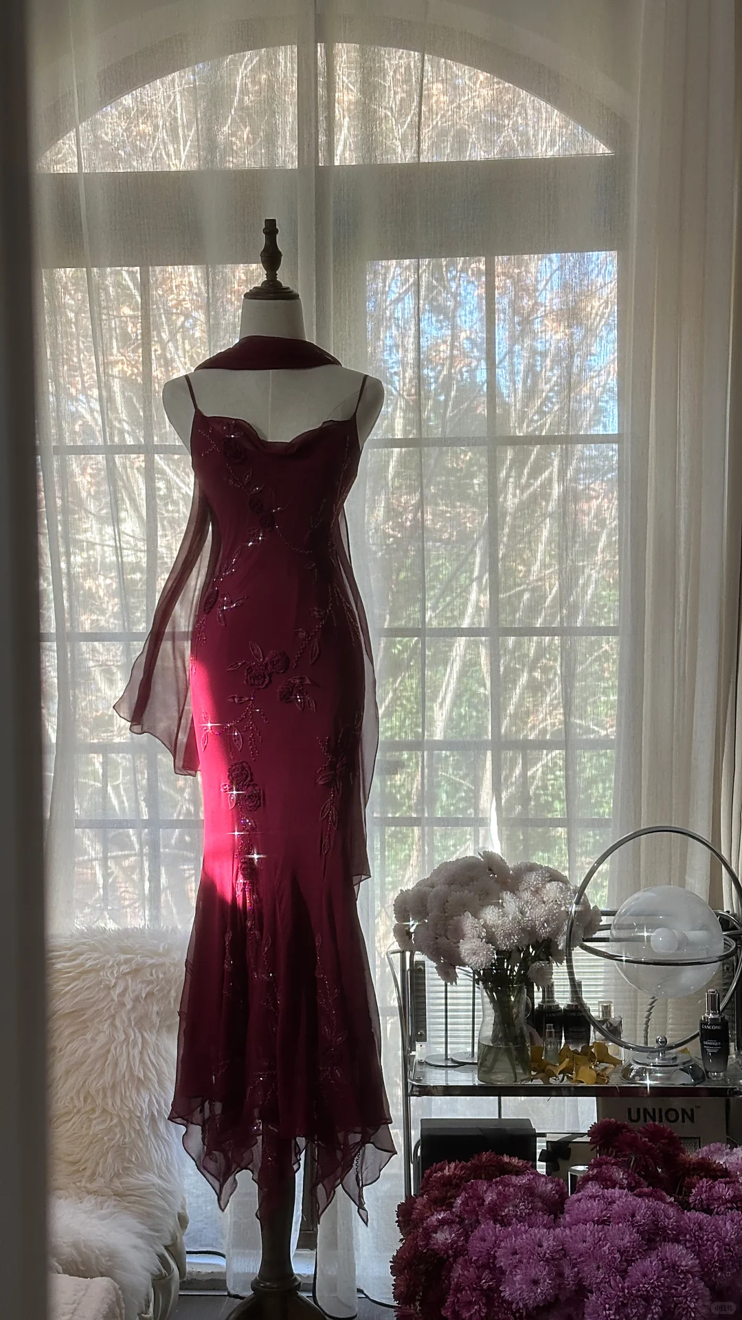 Elegant Burgundy Spaghetti Strap Gorgeous Beaded Shinny Chiffon Evening Dress Prom Dress D1472