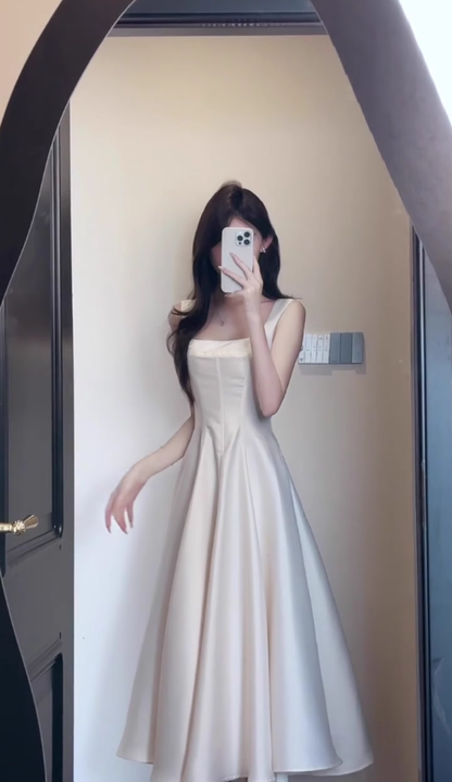 French style high-grade satin suspender dress with a unique and beautiful waist birthday dress R0469