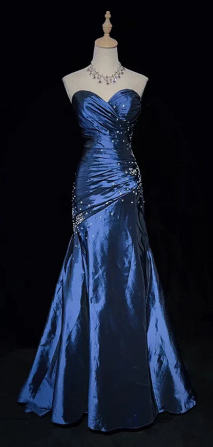 Sexy Sweetheart Blue Mermaid Satin Beaded Long Prom Dress Party Gown cc1550