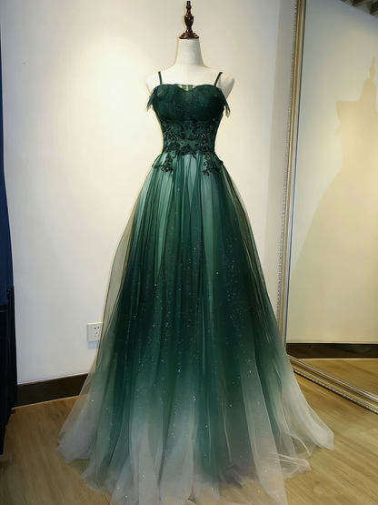 Elegant Ombre Navy Blue Tulle Appliques Straps Long Evening Dress, A-Line Tulle Prom Dresses Y1807
