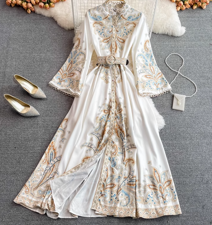 New style palace style retro print long sleeve waist long skirt single breasted stand collar dress R0322