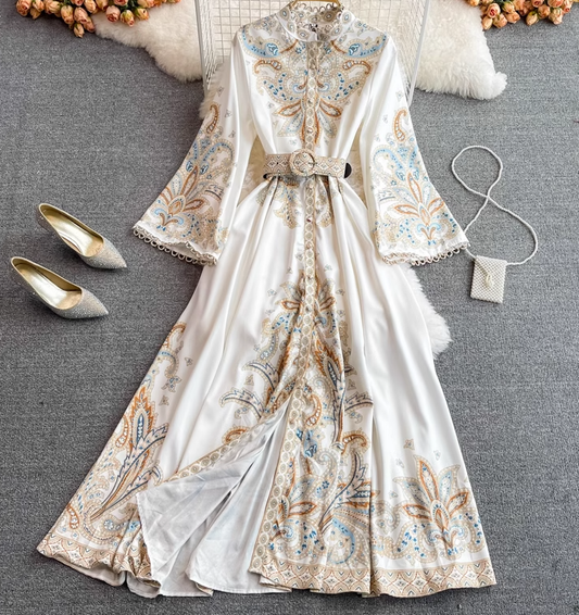 New style palace style retro print long sleeve waist long skirt single breasted stand collar dress R0322