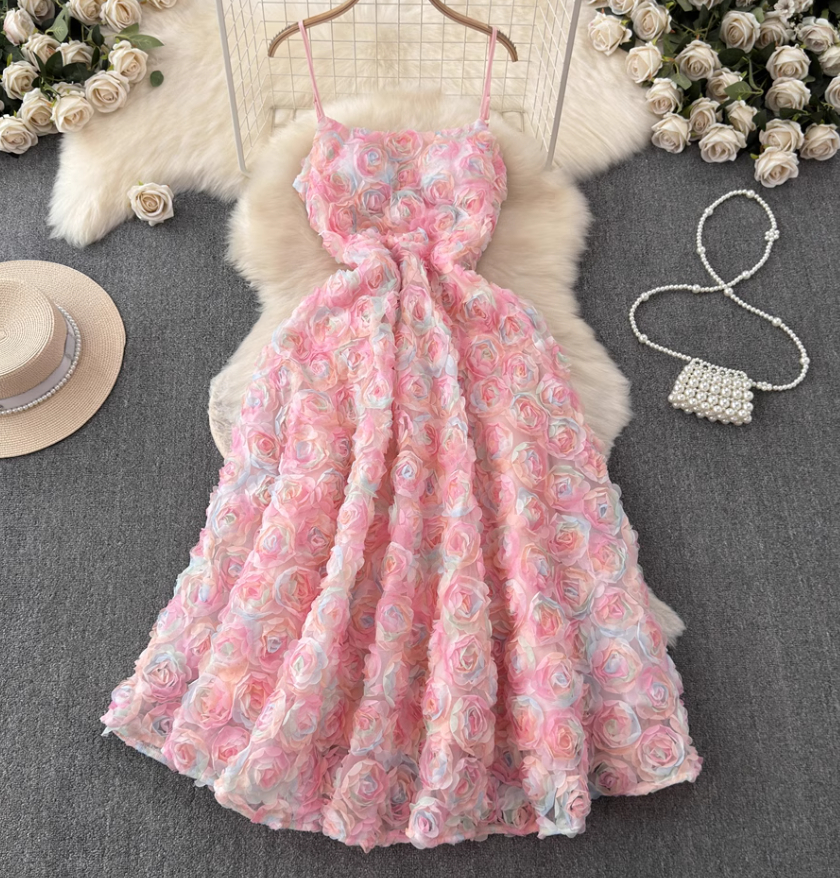 New three-dimensional mesh flower dress design with heavy waist and slim pink dress long skirt R0334