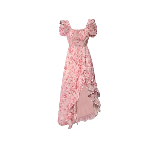 Tea break French seaside vacation chiffon floral dress 2025 new waist slit irregular long skirt R0104