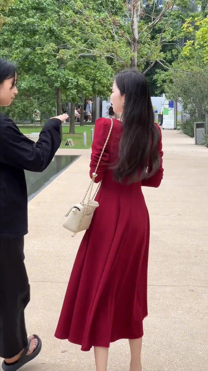 Red Dress Women's Square Neck Mid-Long  Skirt    S3467