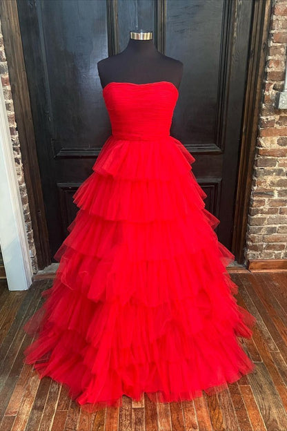 A-line Strapless Pleated Multi-Layers Tulle Long Prom Dress     S3226