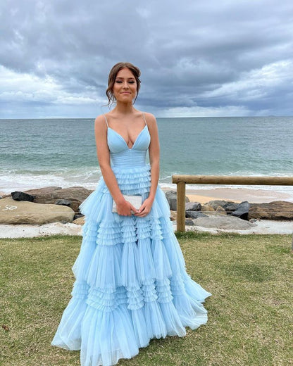 V Neck Layers Tulle Long Ball Gown A Line Spaghetti Strap Evening Dresses