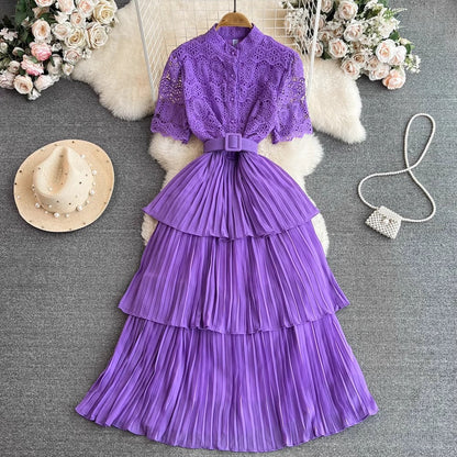 short-sleeved lace A-line pleated dress     S3963
