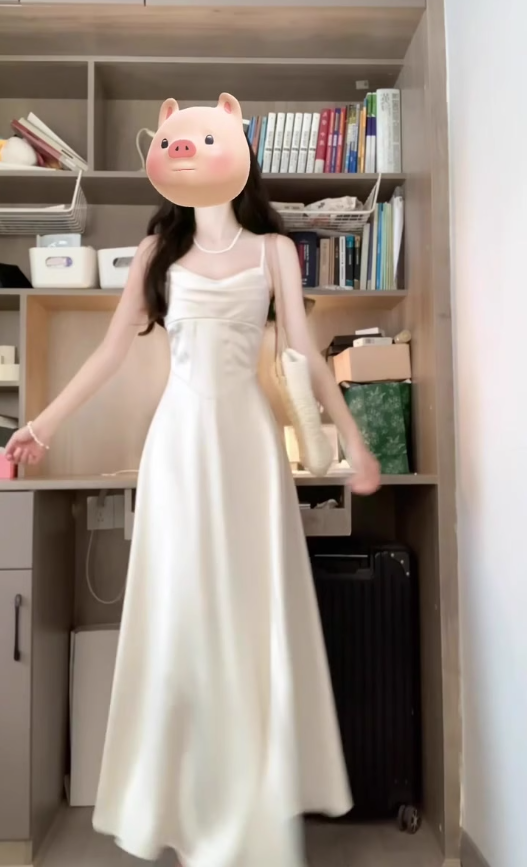 French high-end V-neck satin suspender dress gentle temperament celebrity waist banquet dress summer R0424