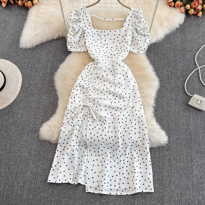 Holiday beach dress with open back, super fairy square collar, slim fit, puff sleeves, slit polka dot dress R0346