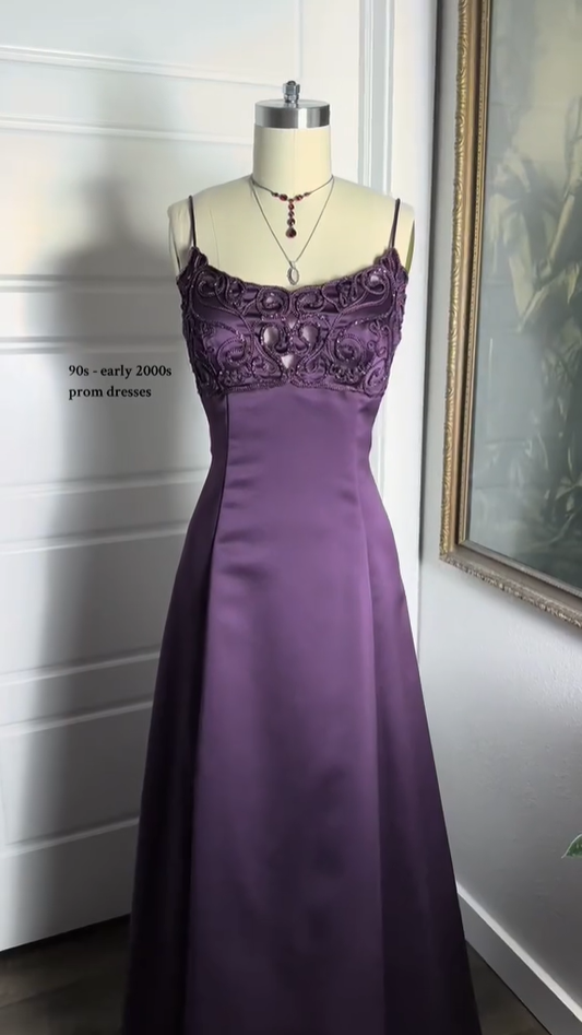 Purple Straps A-Line Beading Satin Long Party Dress Vintage Evening Dress, D490