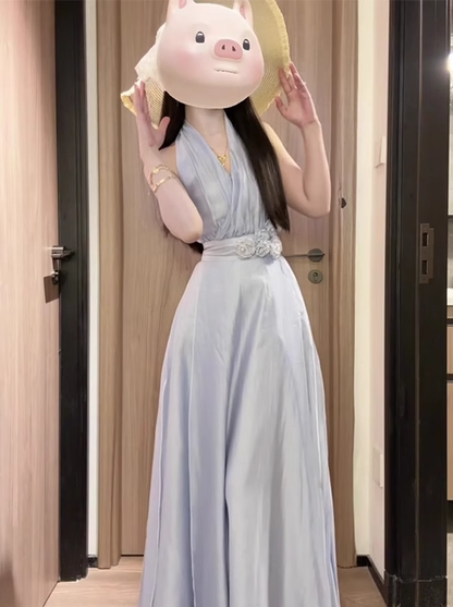 Holiday style blue v-neck halter dress unique and beautiful waist temperament long dress 2025 new R0454
