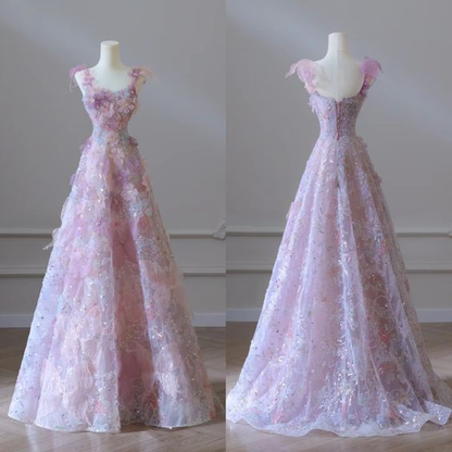 Pink Straps A-Line Floral Long Evening Party Dress Birthday Outfits MD7515
