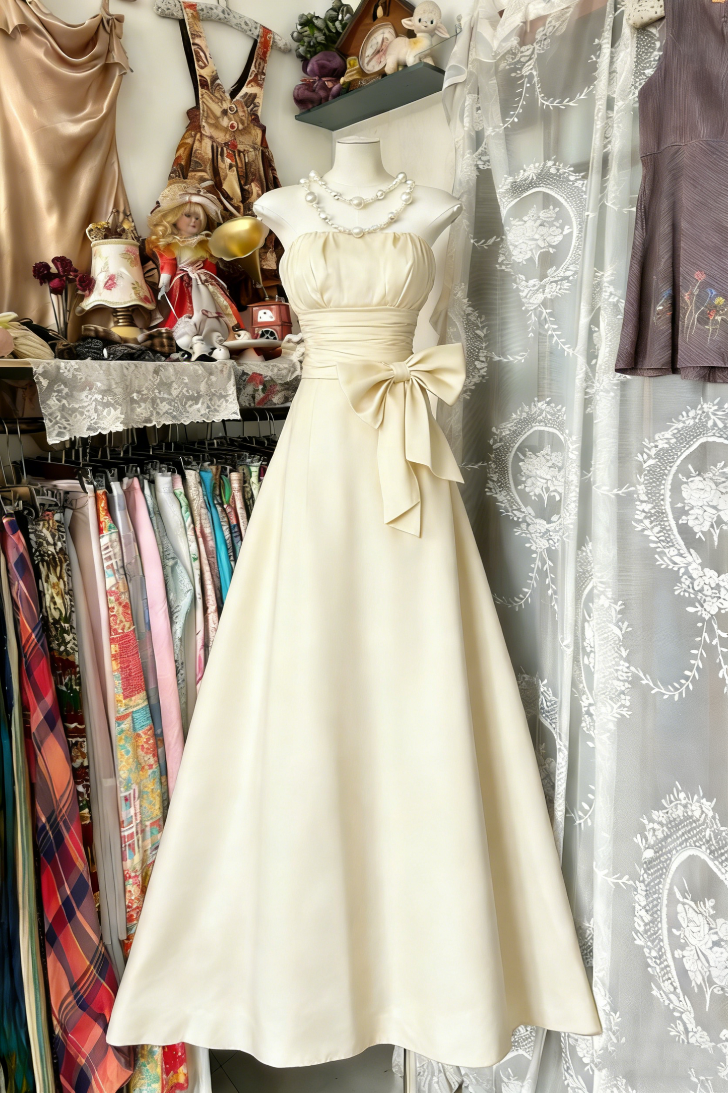 Elegant Navy Blue Strapless Satin Bow A Line Long Wedding Guest Dress Party Dress D1651