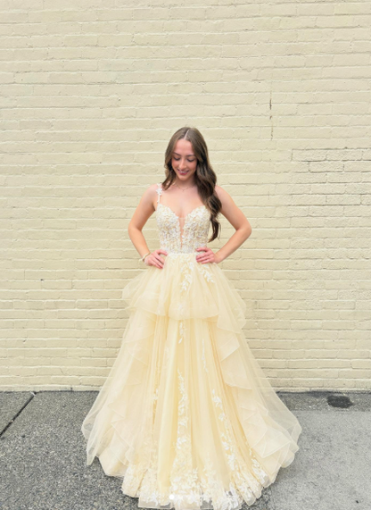 Pretty Yellow Spaghetti Straps Tulle Appliques Long Wedding Guest Dress Party Dress D1957